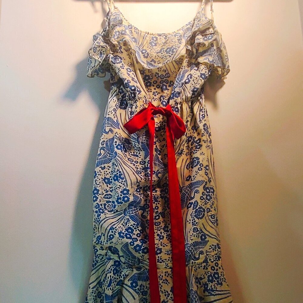 ANTHROPOLOGIE Midi Sundress Flutter Neckline Floral A-Line Ruffle Blue & Cream - Picture 5 of 15